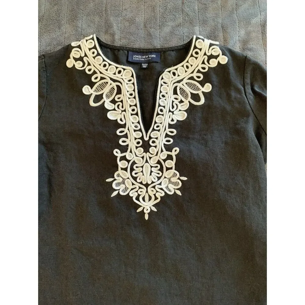 Jones New York Signature Women’s Dark Gray 100% Linen Shirt White Detail Small - Picture 2 of 11